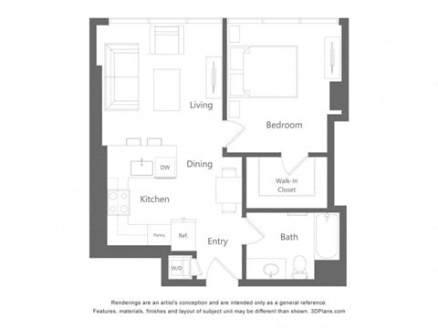 Floor plan for 1 bed, 1 bath, 721 sqft